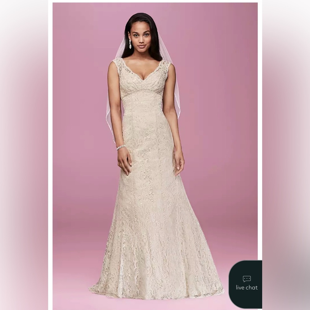 David's Bridal Ivory Champagne Beaded Lace Trumpet Wedding Dress Size 16